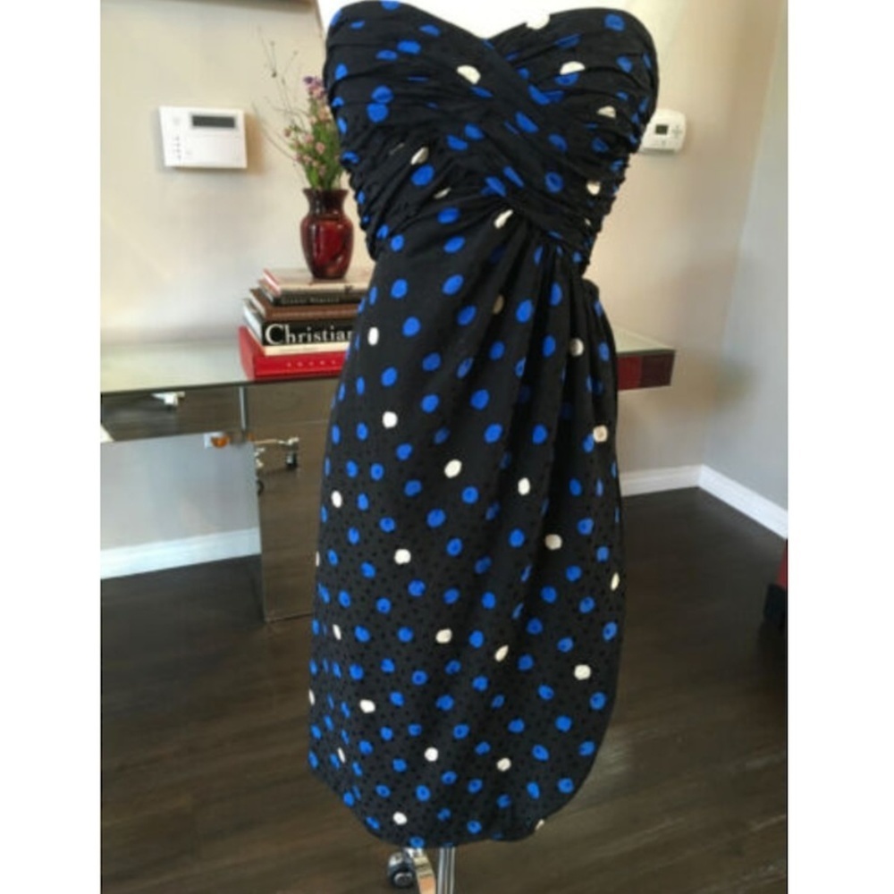 Adolfo Black Blue Polka Dot 1980s Silk Strapless Dress